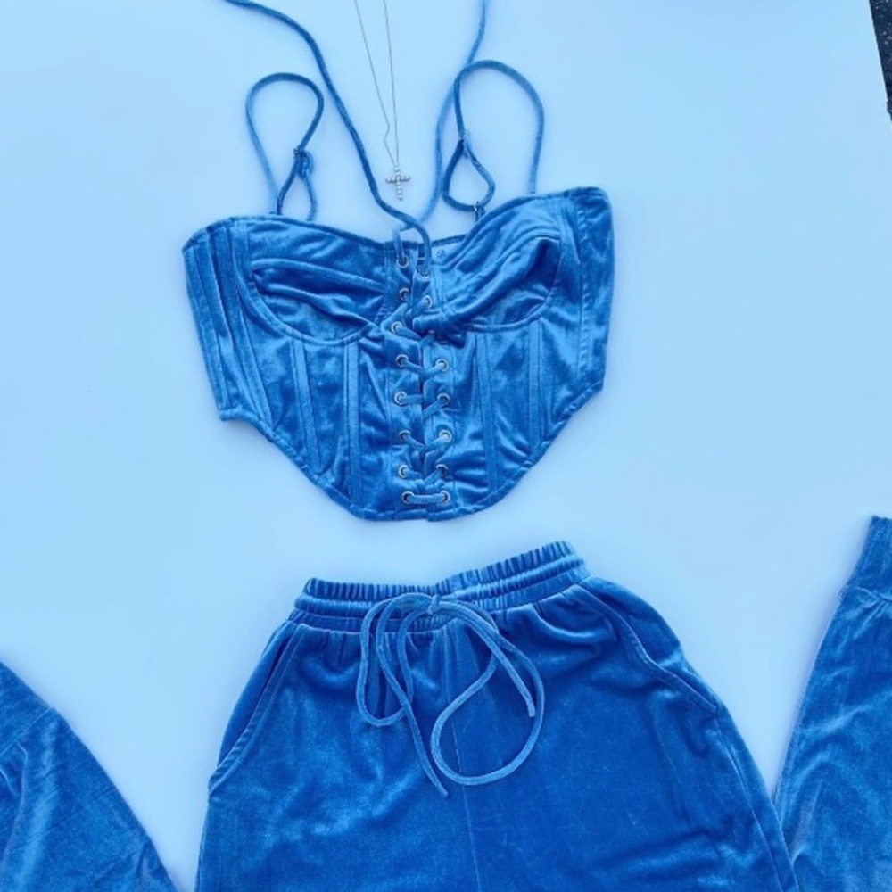 NEW Baby Blue Satin Lace Up Padded Cropped Corset - Picture 7 of 14